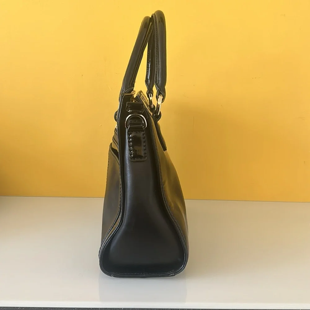 Karen Millen Black Patent Leather Structured Satchel Double Handle Tote Bag